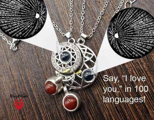 2 BloodVials Sun and Moon Magnetic Pendant Necklaces Kit with 18"-20" Silvertone Chain "I Love You" in 100 Languages (BloodBond)