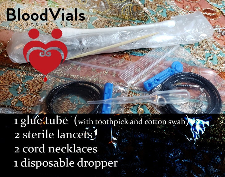 2 Glass Half-Heart BloodVials Pendant Kit Necklaces with 18" Black Cords (BloodBond)