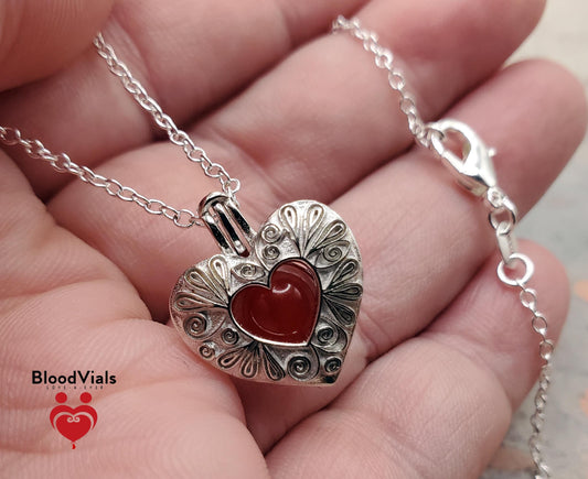 1 Sterling Swirl Heart BloodVial Necklace Kit with 18" Solid .925 Silver Link Chain (BloodBond)