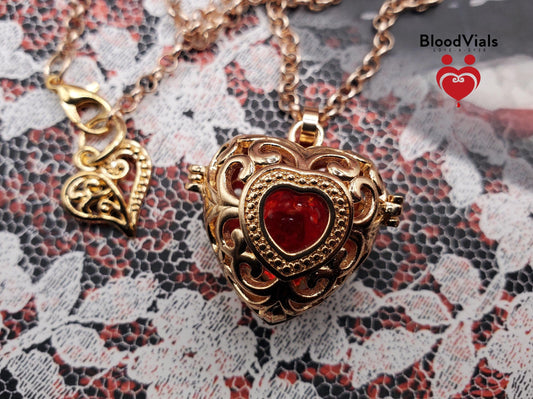1 KC Goldtone Heart Locket BloodVial Kit with 32.25" Chain Large Heart & Ornate Charm or 18.5" Necklace Small Heart Pendant (BloodBond)