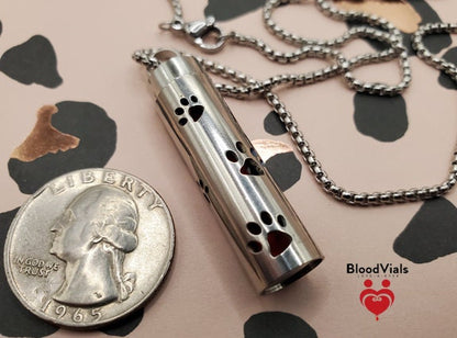 1 Paw Cylinder BloodVial Pendant Necklace Kit  | Cat, Dog, Pet Pawprint Charm with Silvertone Chain (BloodBond)