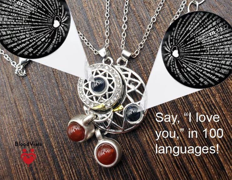 2 BloodVials Sun and Moon Magnetic Pendant Necklaces Kit with 18"-20" Silvertone Chain "I Love  You" in 100 Languages (BloodBond)