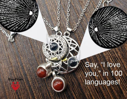 2 BloodVials Sun and Moon Magnetic Pendant Necklaces Kit with 18"-20" Silvertone Chain "I Love  You" in 100 Languages (BloodBond)