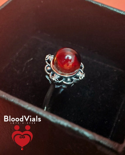 Sterling Scalloped BloodVial Ring Kit Solid .925 Silver Adjustable 7.5-11 Sizes (BloodBond)