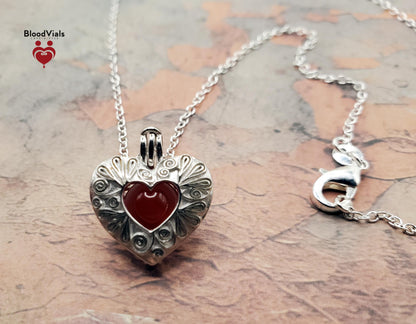 1 Sterling Swirl Heart BloodVial Necklace Kit with 18" Solid .925 Silver Link Chain (BloodBond)