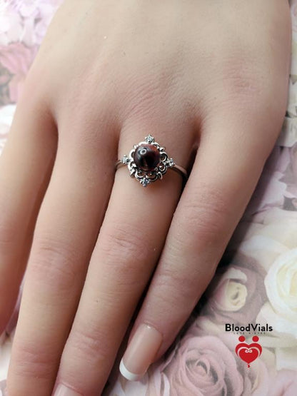 Sterling Diamond Sparkle BloodVial Ring with White Zircons Adjustable 6-11 Sizes .925 Solid Silver (BloodBond)