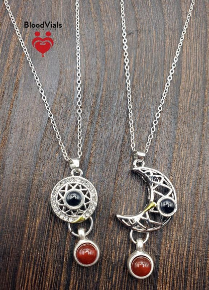 2 BloodVials Sun and Moon Magnetic Pendant Necklaces Kit with 18"-20" Silvertone Chain "I Love  You" in 100 Languages (BloodBond)
