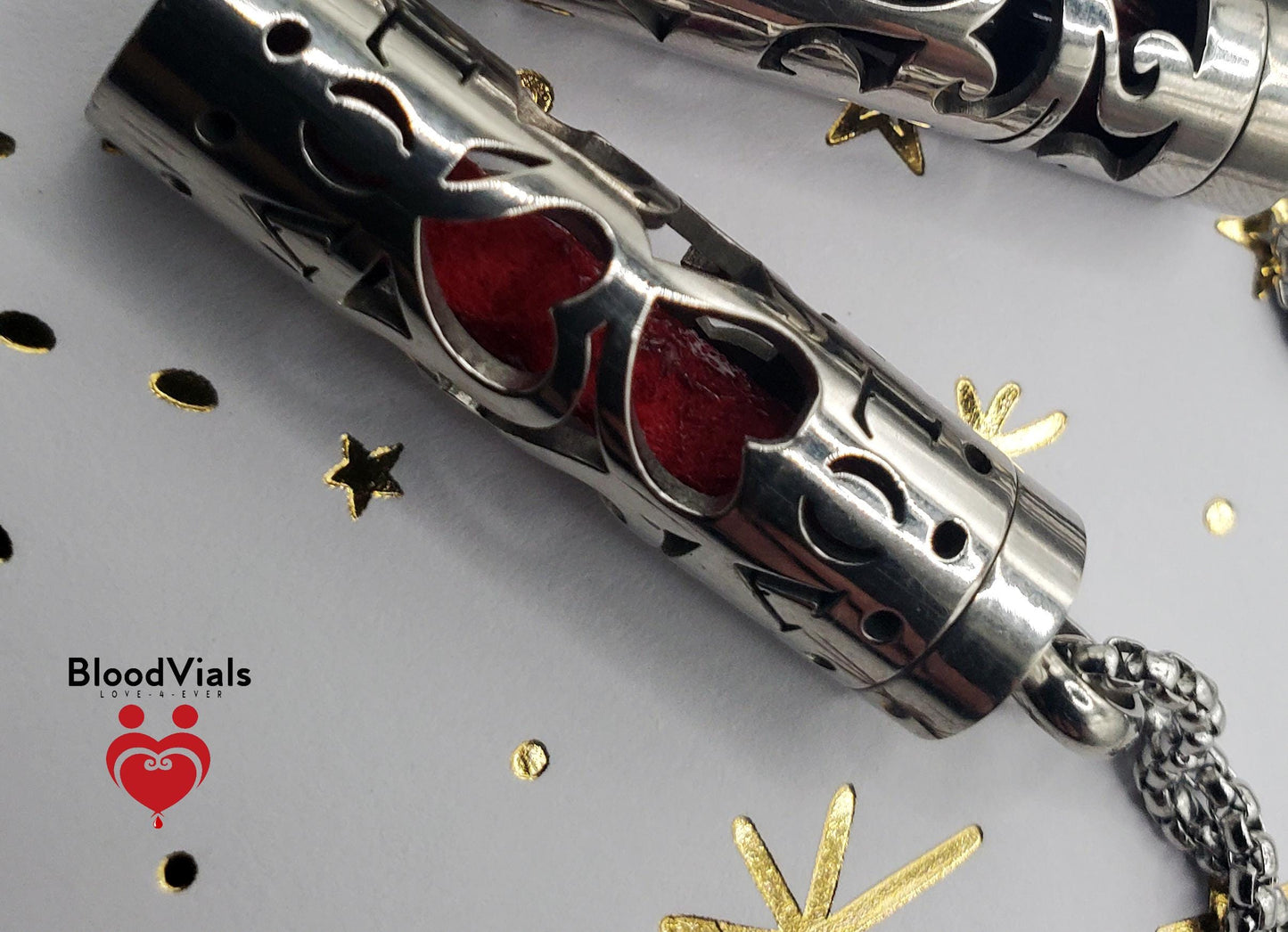 1 Cylinder BloodVial Swirl or Love Heart Pendant Necklace Kit with 27.5" Silvertone Chain (BloodBond)