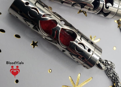 1 Cylinder BloodVial Swirl or Love Heart Pendant Necklace Kit with 27.5" Silvertone Chain (BloodBond)