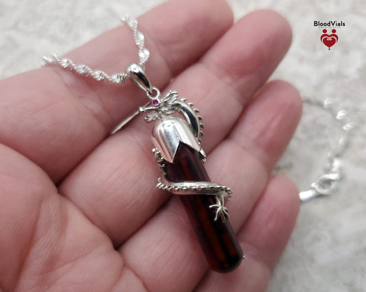 1 White Gold Plated Sterling Dragon BloodVial Necklace Kit with 20.5" Solid .925 Silver Twist Chain (BloodBond)