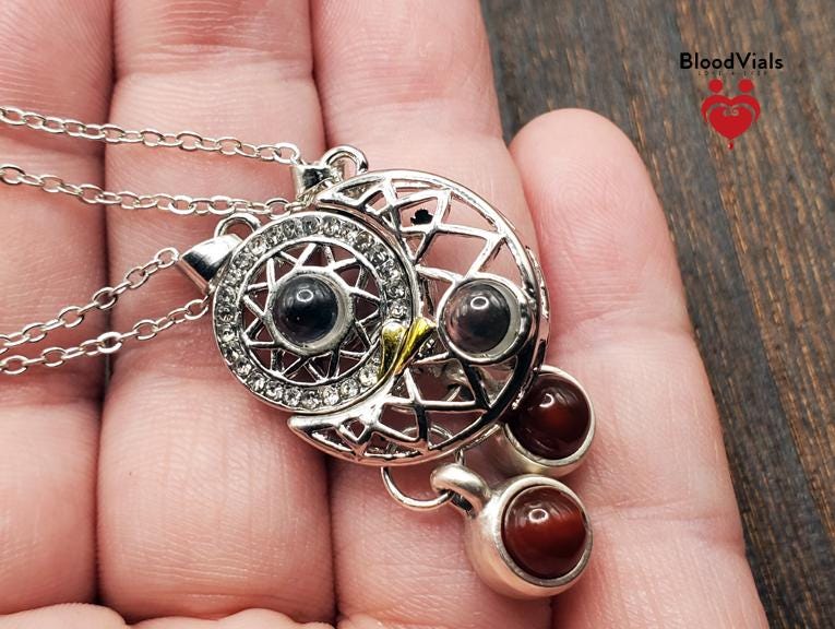 2 BloodVials Sun and Moon Magnetic Pendant Necklaces Kit with 18"-20" Silvertone Chain "I Love  You" in 100 Languages (BloodBond)