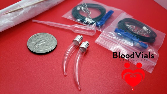 2 Fang Pendant Claw Charms BloodVial Kit with 18" Black Cord Necklaces (BloodBond)