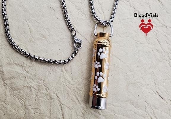1 White Paw Goldtone and Silvertone Cylinder BloodVial Pendant Kit (BloodBond) | Cat Dog Pet Pawprint Charm with Silvertone 23.5" Chain