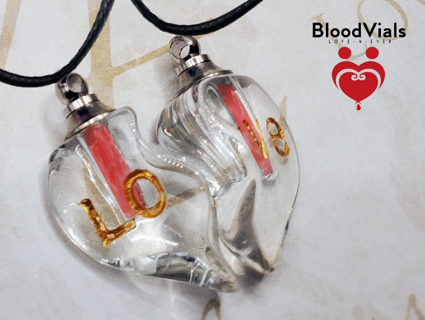 2 Glass Half-Heart BloodVials Pendant Kit Necklaces with 18" Black Cords (BloodBond)