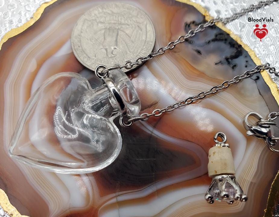 1 Gem Stopper Heart BloodVial Pendant Kit Necklace with 24.5" Stainless Steel Link Chain (BloodBond)