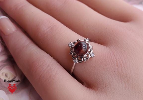 Sterling Diamond Sparkle BloodVial Ring with White Zircons Adjustable 6-11 Sizes .925 Solid Silver (BloodBond)