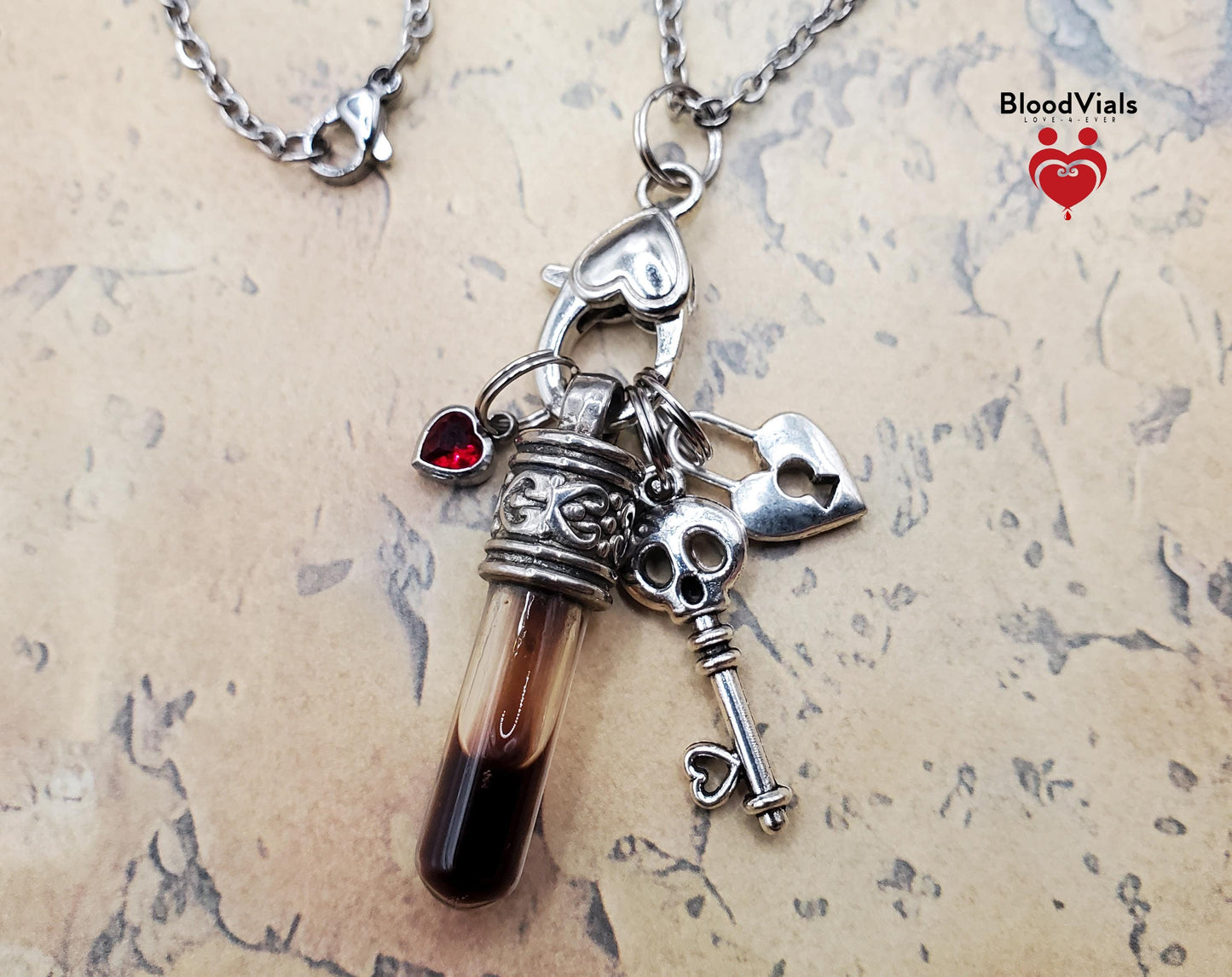 1 Ornate Charms Necklace DIY BloodVial Kit with Stainless Steel Chain Red Gem Heart and Lock and Key Skull Skeleton Key (BloodBond)