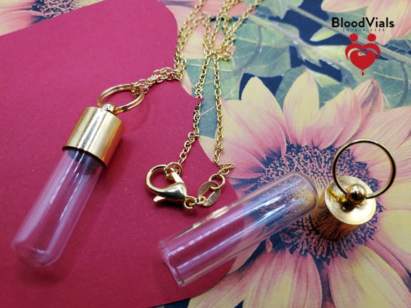 2 Goldtone BloodVials Pendant Necklaces Kit with 18" Black Cords or Goldtone Chains (BloodBond)