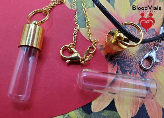 2 Goldtone BloodVials Pendant Necklaces Kit with 18" Black Cords or Goldtone Chains (BloodBond)