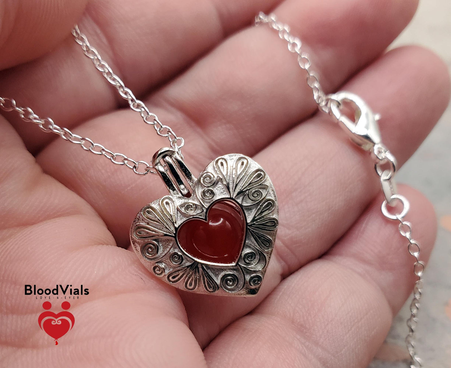1 Sterling Swirl Heart BloodVial Necklace Kit with 18" Solid .925 Silver Link Chain (BloodBond)
