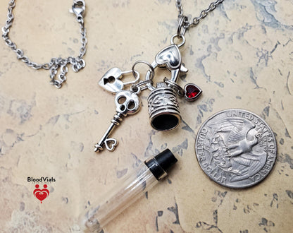1 Ornate Charms Necklace DIY BloodVial Kit with Stainless Steel Chain Red Gem Heart and Lock and Key Skull Skeleton Key (BloodBond)