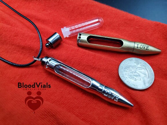 1 Large Bullet BloodVial Pendant Kit Silvertone or Bronzetone with 18" Black Cord Necklaces (BloodBond)