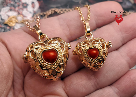 1 KC Goldtone Heart Locket BloodVial Kit with 32.25" Chain Large Heart & Ornate Charm or 18.5" Necklace Small Heart Pendant (BloodBond)