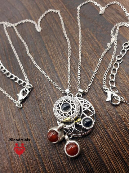 2 BloodVials Sun and Moon Magnetic Pendant Necklaces Kit with 18"-20" Silvertone Chain "I Love  You" in 100 Languages (BloodBond)