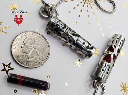 1 Cylinder BloodVial Swirl or Love Heart Pendant Necklace Kit with 27.5" Silvertone Chain (BloodBond)