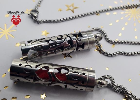 1 Cylinder BloodVial Swirl or Love Heart Pendant Necklace Kit with 27.5" Silvertone Chain (BloodBond)