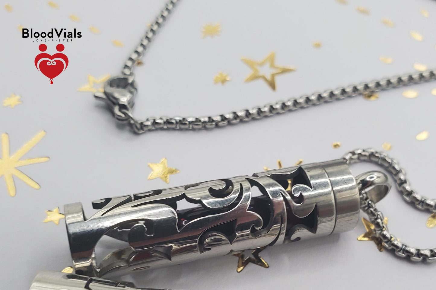 1 Cylinder BloodVial Swirl or Love Heart Pendant Necklace Kit with 27.5" Silvertone Chain (BloodBond)