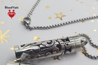 1 Cylinder BloodVial Swirl or Love Heart Pendant Necklace Kit with 27.5" Silvertone Chain (BloodBond)