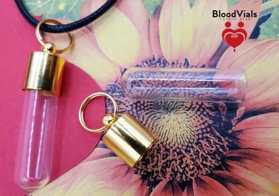 2 Goldtone BloodVials Pendant Necklaces Kit with 18" Black Cords or Goldtone Chains (BloodBond)