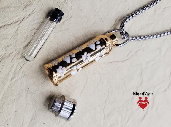 1 White Paw Goldtone and Silvertone Cylinder BloodVial Pendant Kit (BloodBond) | Cat Dog Pet Pawprint Charm with Silvertone 23.5" Chain