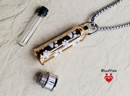 1 White Paw Goldtone and Silvertone Cylinder BloodVial Pendant Kit (BloodBond) | Cat Dog Pet Pawprint Charm with Silvertone 23.5" Chain