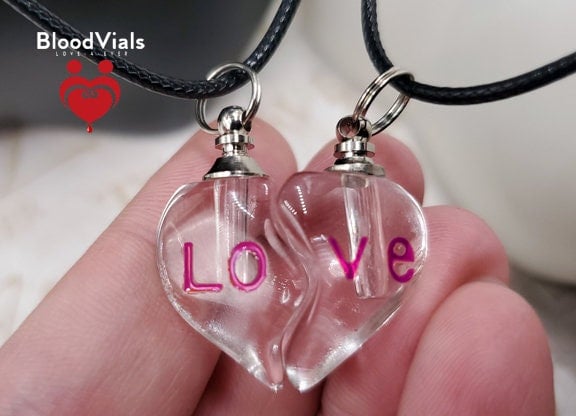 2 Glass Half-Heart BloodVials Pendant Kit Necklaces with 18" Black Cords (BloodBond)