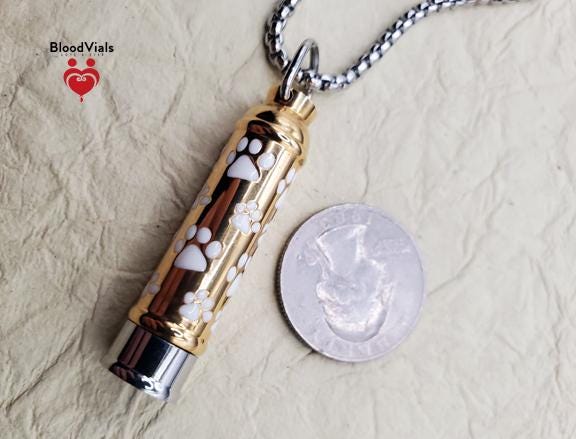 1 White Paw Goldtone and Silvertone Cylinder BloodVial Pendant Kit (BloodBond) | Cat Dog Pet Pawprint Charm with Silvertone 23.5" Chain