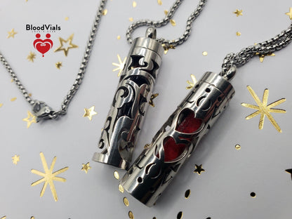 1 Cylinder BloodVial Swirl or Love Heart Pendant Necklace Kit with 27.5" Silvertone Chain (BloodBond)
