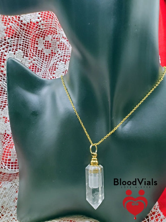 Quartz Hexagon BoodVial Kit Natural Crystal with Metal Goldtone Screw Lid and 18" Link Chain (BloodBond)