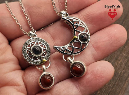 2 BloodVials Sun and Moon Magnetic Pendant Necklaces Kit with 18"-20" Silvertone Chain "I Love  You" in 100 Languages (BloodBond)