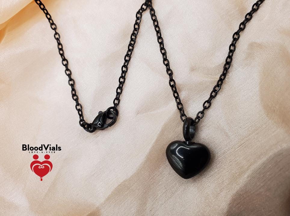 1 Dainty Black Heart BloodVial Pendant Kit Necklace with 21.5" Chain (BloodBond)