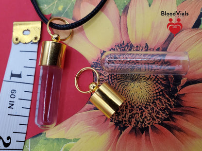 2 Goldtone BloodVials Pendant Necklaces Kit with 18" Black Cords or Goldtone Chains (BloodBond)