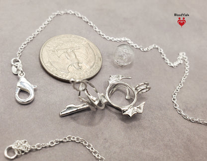 1 Sterling Bat Heart Key BloodVial Necklace Kit with 18" Long Chain Solid .925 Link Necklace (BloodBond)