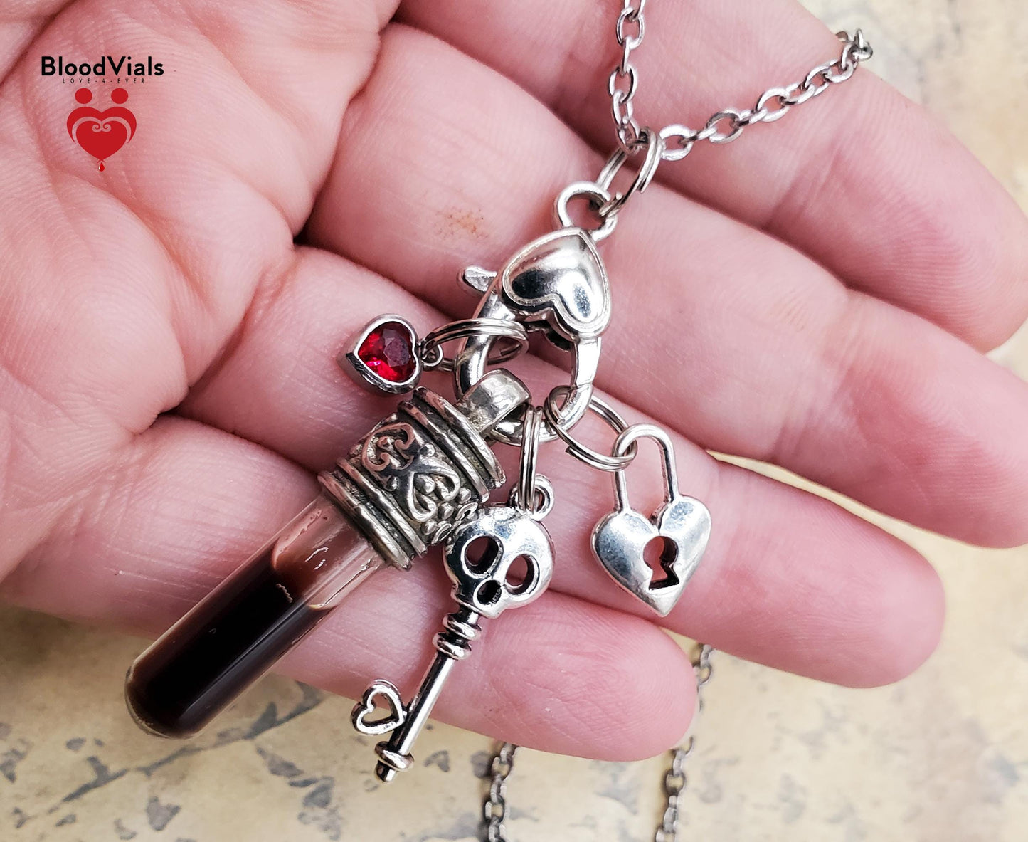1 Ornate Charms Necklace DIY BloodVial Kit with Stainless Steel Chain Red Gem Heart and Lock and Key Skull Skeleton Key (BloodBond)