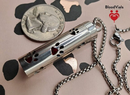 1 Paw Cylinder BloodVial Pendant Necklace Kit  | Cat, Dog, Pet Pawprint Charm with Silvertone Chain (BloodBond)