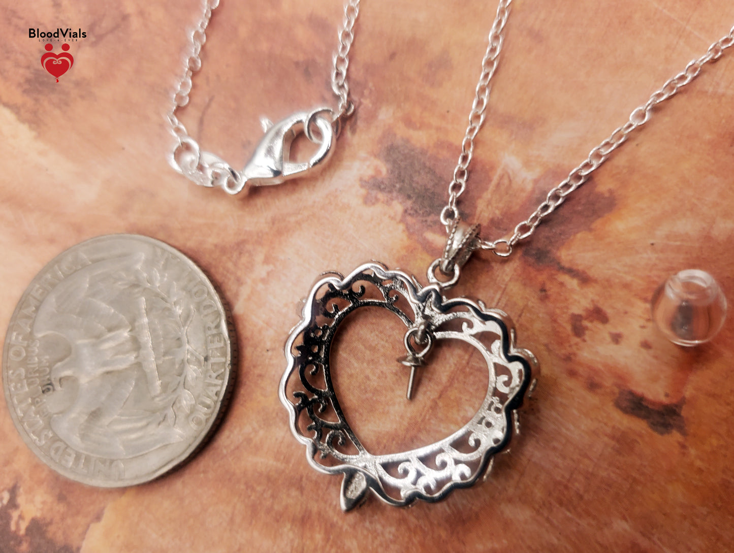 1 Sterling Filigree Scallops BloodVial Necklace Kit with 18" Long Chain Solid .925 Link Necklace (BloodBond)