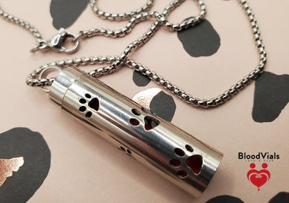 1 Paw Cylinder BloodVial Pendant Necklace Kit  | Cat, Dog, Pet Pawprint Charm with Silvertone Chain (BloodBond)