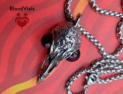 1 Crow Raven Skull BloodVial Pendant Necklace Kit with 23.5" Silvertone Chain (BloodBond)