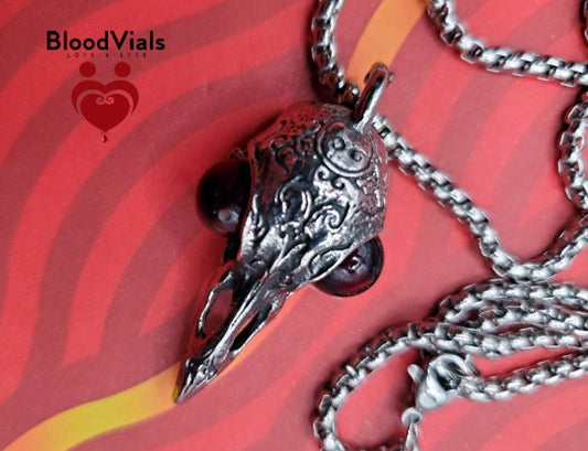 1 Crow Raven Skull BloodVial Pendant Necklace Kit with 23.5" Silvertone Chain (BloodBond)