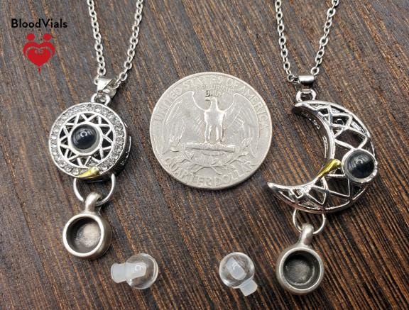 2 BloodVials Sun and Moon Magnetic Pendant Necklaces Kit with 18"-20" Silvertone Chain "I Love  You" in 100 Languages (BloodBond)